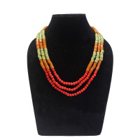 Green Brown and Red beaded Three Strand Necklace - Ethnic Inspiration